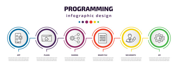 Poster - programming infographic template with icons and 6 step or option. programming icons such as app, plu