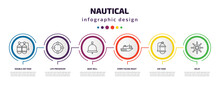 Nautical Infographic Template With Icons And 6 Step Or Option. Nautical Icons Such As Double Air Tank, Life Preserver, Boat Bell, Ferry Facing Right, Air Tank, Helm Vector. Can Be Used For Banner,