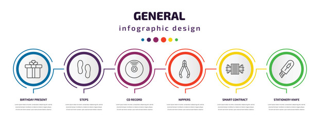 Poster - general infographic template with icons and 6 step or option. general icons such as birthday present, steps, cd record, nippers, smart contract, stationery knife vector. can be used for banner, info