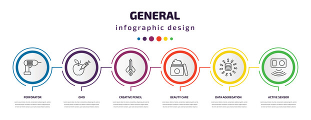 Poster - general infographic template with icons and 6 step or option. general icons such as perforator, gmo, creative pencil rocket, beauty care, data aggregation, active sensor vector. can be used for