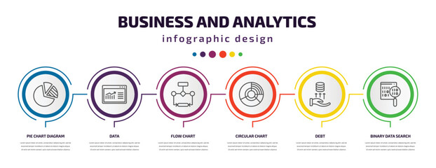 Poster - business and analytics infographic template with icons and 6 step or option. business and analytics icons such as pie chart diagram, data, flow chart, circular chart, debt, binary data search