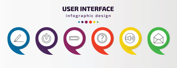 Poster - user interface infographic template with icons and 6 step or option. user interface icons such as pen writing a line, tiny power, battery loaded, round help button, volume button, email opened