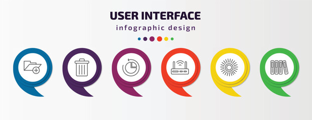 Poster - user interface infographic template with icons and 6 step or option. user interface icons such as add folder button, delete button, reload pie chart, internet modem, loading indicator, office