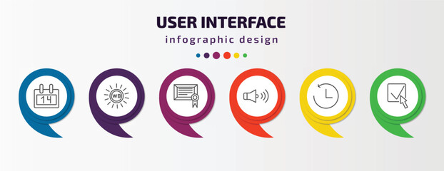 Poster - user interface infographic template with icons and 6 step or option. user interface icons such as daily calendar day 14, white balance, digital certificate, round volume button, past, check box with