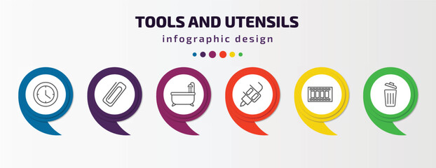 Aufkleber - tools and utensils infographic template with icons and 6 step or option. tools and utensils icons such as circular clock, attachments, bath tub, tattoo, film strip photograms, trash can open vector.