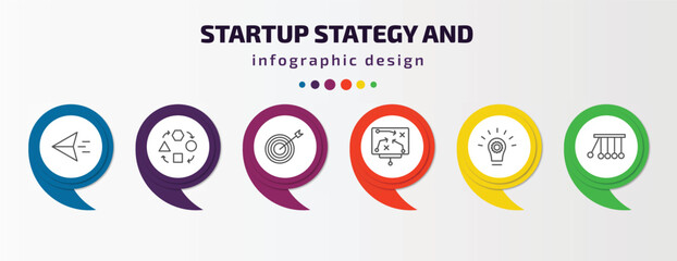 Poster - startup stategy and infographic template with icons and 6 step or option. startup stategy and icons such as paper plane, adaptation, mission, strategy sketch, innovation, reaction vector. can be