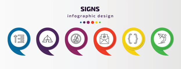 Poster - signs infographic template with icons and 6 step or option. signs icons such as align, tent, no fire allowed, mail, parenthesis, kitesurf vector. can be used for banner, info graph, web,