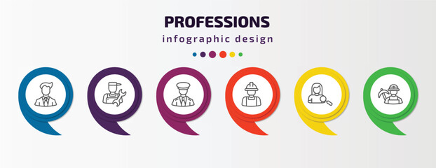 Poster - professions infographic template with icons and 6 step or option. professions icons such as businessman, plumber, captain, builder, hr specialist, miner vector. can be used for banner, info graph,