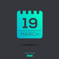 Creative calendar page with single day (19 March), Vector.