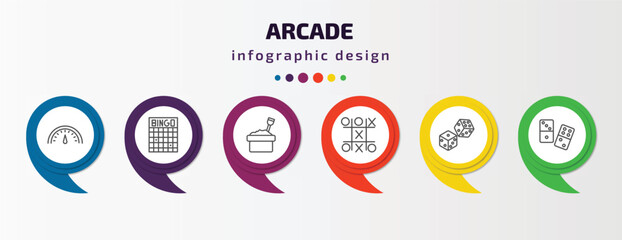 Poster - arcade infographic template with icons and 6 step or option. arcade icons such as speedometer, bingo, sandbox, tic tac toe, dices, domino vector. can be used for banner, info graph, web,