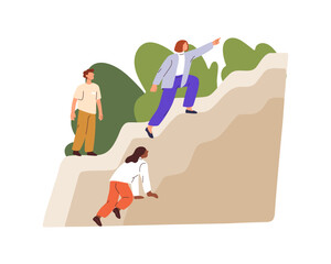 Team climbing up. Leader manager leading staff to top, showing way to success, business goal. Management, leadership, growth concept. Flat graphic vector illustration isolated on white background