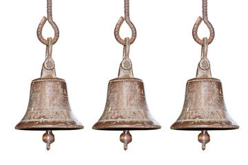 Ringing the old bell in the temple, golden metal old bell isolated on white background