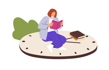 Poster - Person reader with books, studying, preparing for exam. Speed reading, education, knowledge concept. Woman with fiction literature at leisure. Flat vector illustration isolated on white background