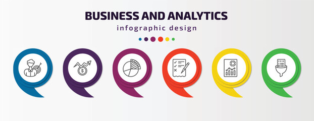 Poster - business and analytics infographic template with icons and 6 step or option. business and analytics icons such as businessman analysis, dollar analysis bars, data analysis pie chart, revision,
