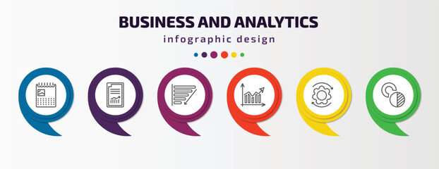 Poster - business and analytics infographic template with icons and 6 step or option. business and analytics icons such as wall calendar, printing documents, depleting chart, increasing stocks,