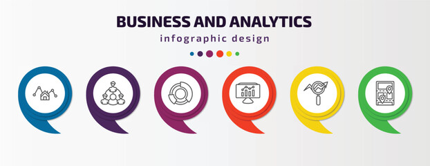 Poster - business and analytics infographic template with icons and 6 step or option. business and analytics icons such as mortgage statistics, partnership, graph pie, bars graphic on screen, database