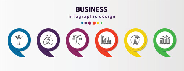 business infographic template with icons and 6 step or option. business icons such as man success, pounds money bag, scale in balance, bars graphic, portion pie chart, measure success vector. can be