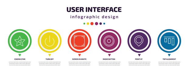 Poster - user interface infographic element with icons and 6 step or option. user interface icons such as cinema star, turn off, screen in white, radio button, point at, top alignment vector. can be used for