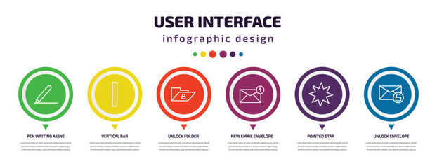 Poster - user interface infographic element with icons and 6 step or option. user interface icons such as pen writing a line, vertical bar, unlock folder, new email envelope, pointed star, unlock envelope
