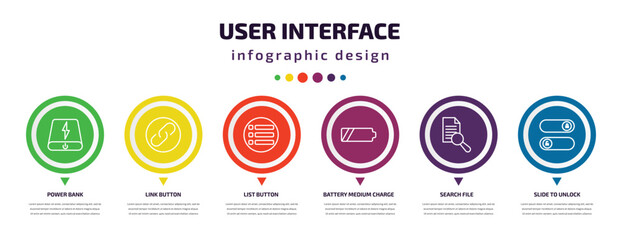 Poster - user interface infographic element with icons and 6 step or option. user interface icons such as power bank, link button, list button, battery medium charge, search file, slide to unlock vector. can