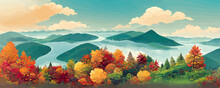 Autumn Landscape, Mountains, Hills, Yellow, Red Trees And White, Blue Sky, Banner