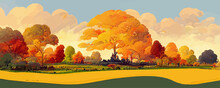 Autumn Landscape  Yellow  Red Trees And White  Blue Sky