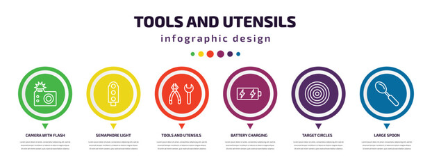 Poster - tools and utensils infographic element with icons and 6 step or option. tools and utensils icons such as camera with flash, semaphore light, tools utensils, battery charging, target circles, large