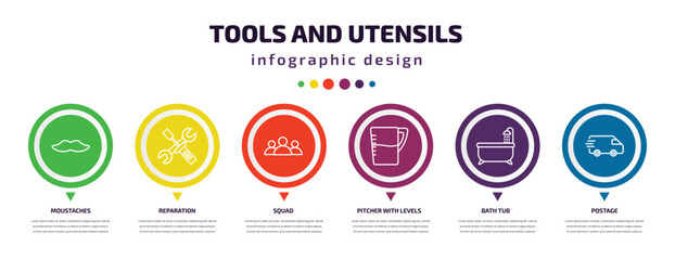 Aufkleber - tools and utensils infographic element with icons and 6 step or option. tools and utensils icons such as moustaches, reparation, squad, pitcher with levels, bath tub, postage vector. can be used for