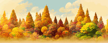 Autumn Landscape, Yellow, Red Trees And White, Blue Sky