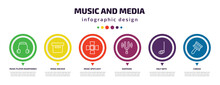 Music And Media Infographic Element With Icons And 6 Step Or Option. Music And Media Icons Such As Music Player Headphones, Image Archive, Spotlight, Diapason, Half Note, Cabasa Vector. Can Be Used