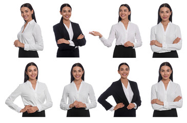 Canvas Print - Collage with photos of hostess in uniform on white background