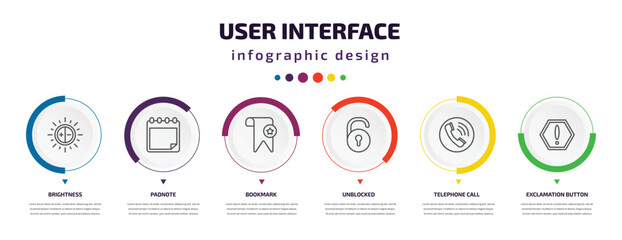 Poster - user interface infographic element with icons and 6 step or option. user interface icons such as brightness, padnote, bookmark, unblocked, telephone call, exclamation button vector. can be used for