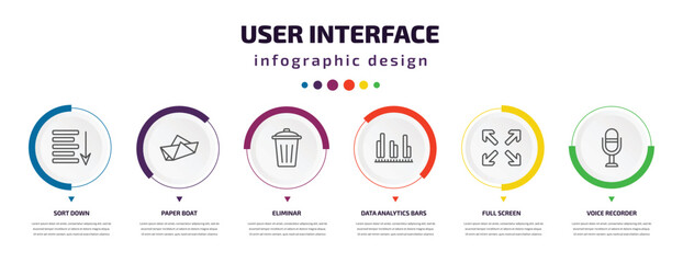 Poster - user interface infographic element with icons and 6 step or option. user interface icons such as sort down, paper boat, eliminar, data analytics bars, full screen, voice recorder vector. can be used