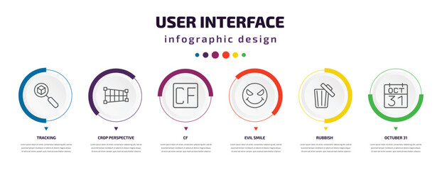Poster - user interface infographic element with icons and 6 step or option. user interface icons such as tracking, crop perspective, cf, evil smile, rubbish, octuber 31 vector. can be used for banner, info