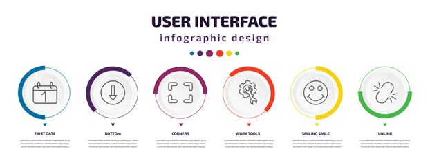 Aufkleber - user interface infographic element with icons and 6 step or option. user interface icons such as first date, bottom, corners, work tools, smiling smile, unlink vector. can be used for banner, info