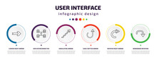 User Interface Infographic Element With Icons And 6 Step Or Option. User Interface Icons Such As Curved Right Arrow, Data Interconnected, Undulating Arrow, Curly Dotted Arrow, Rotated Right Downward
