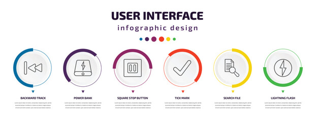Poster - user interface infographic element with icons and 6 step or option. user interface icons such as backward track, power bank, square stop button, tick mark, search file, lightning flash vector. can