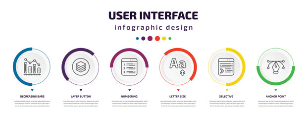 Poster - user interface infographic element with icons and 6 step or option. user interface icons such as decreasing bars chart, layer button, numbering, letter size, selective, anchor point vector. can be