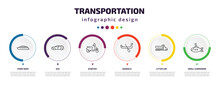 Transportation Infographic Element With Icons And 6 Step Or Option. Transportation Icons Such As Ferry Boat, Suv, Scooter, Gondola, Litter Car, Small Submarine Vector. Can Be Used For Banner, Info