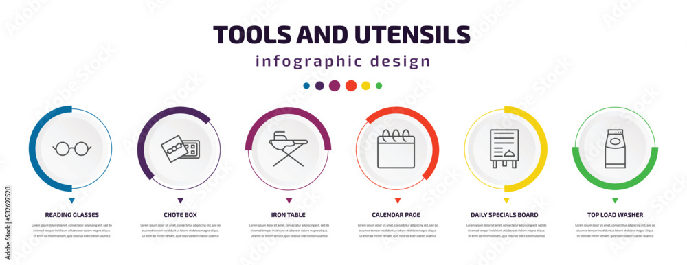 tools and utensils infographic element with icons and 6 step or option ...
