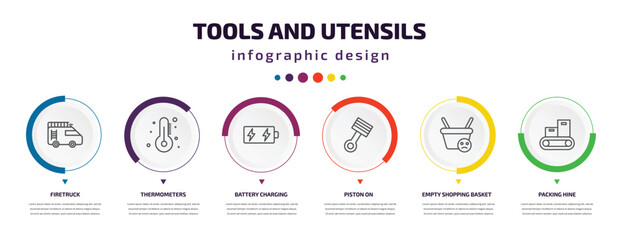 Poster - tools and utensils infographic element with icons and 6 step or option. tools and utensils icons such as firetruck, thermometers, battery charging, piston on, empty shopping basket, packing hine