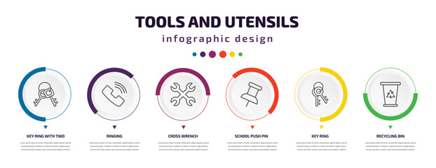 Poster - tools and utensils infographic element with icons and 6 step or option. tools and utensils icons such as key ring with two keys, ringing, cross wrench, school push pin, key ring, recycling bin
