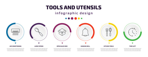 Poster - tools and utensils infographic element with icons and 6 step or option. tools and utensils icons such as air conditioning, large spoon, open black box, hanging bell, kitchen tools, time left vector.