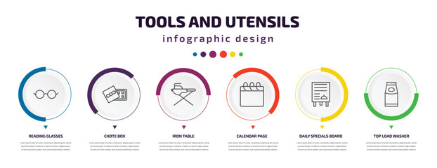 Aufkleber - tools and utensils infographic element with icons and 6 step or option. tools and utensils icons such as reading glasses, chote box, iron table, calendar page, daily specials board, top load washer