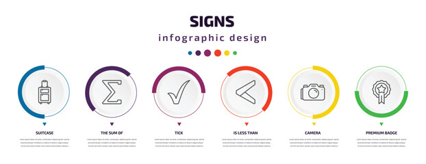 Aufkleber - signs infographic element with icons and 6 step or option. signs icons such as suitcase, the sum of, tick, is less than, camera, premium badge vector. can be used for banner, info graph, web,