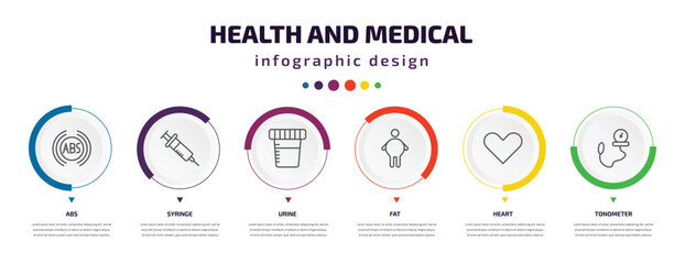 Poster - health and medical infographic element with icons and 6 step or option. health and medical icons such as abs, syringe, urine, fat, heart, tonometer vector. can be used for banner, info graph, web,