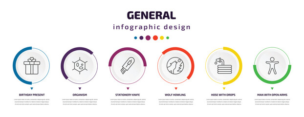 Poster - general infographic element with icons and 6 step or option. general icons such as birthday present, organism, stationery knife, wolf howling, hose with drops, man with open arms vector. can be used