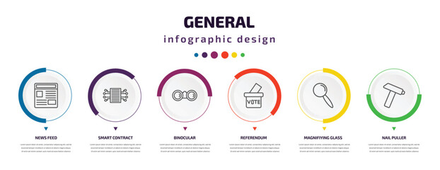 Poster - general infographic element with icons and 6 step or option. general icons such as news feed, smart contract, binocular, referendum, magnifiying glass, nail puller vector. can be used for banner,
