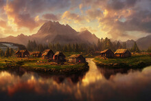 Antique Viking Village By The Lake On The Golden Hour Sunrise. Orange Hues Featuring Small Medieval Wooden Houses In A Historic Wallpaper Background. Ancient Scandinavia, Mountains In The Background