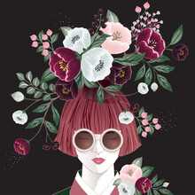 Vector Illustration Of A Short-haired Girl With Floral Headdress. Design For Picture Frame, Poster, Greeting Card, And Invitation	